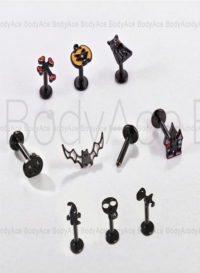 BodyAce Halloween Lip Rings 16G Flat Back Earrings Pumpkin Helix Cartilage Earring Black Skull Tragus Piercing Ghost Lip Studs halloween Labret Jewelry [BL:6mm;Black] - Image 4